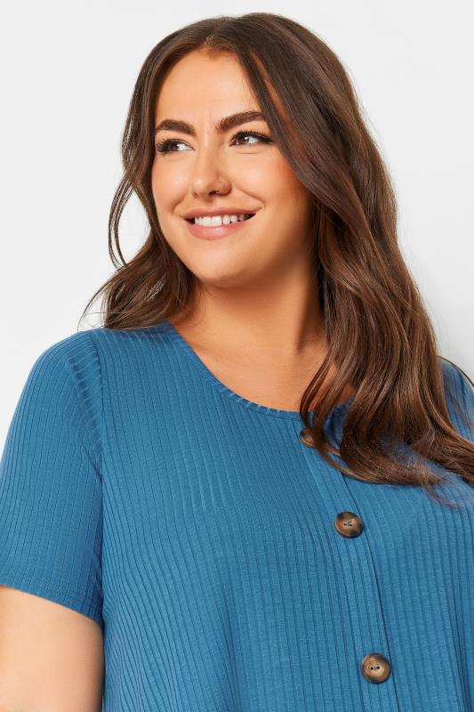 YOURS Plus Size Blue Button Front Ribbed Swing Top | Yours Clothing 4