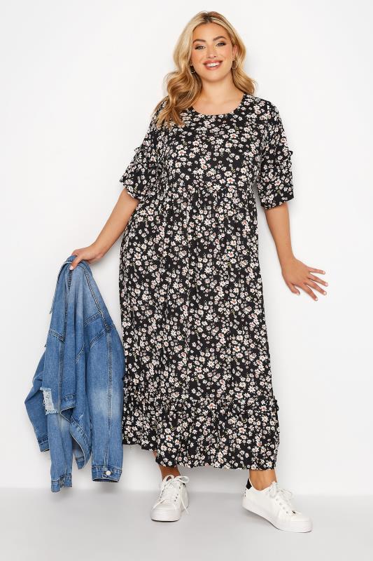 Plus Size Black Daisy Floral Print Smock Maxi Dress | Yours Clothing 1
