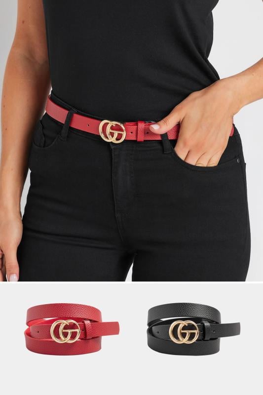  LTS 2 Pack Black & Red Gold Tone Buckle Belts