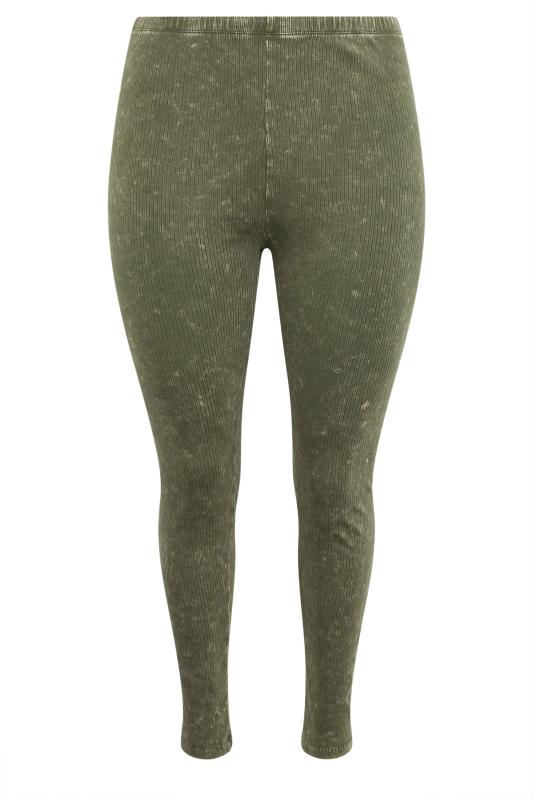 YOURS Plus Size Khaki Green Acid Wash Ribbed Leggings | Yours Clothing 5