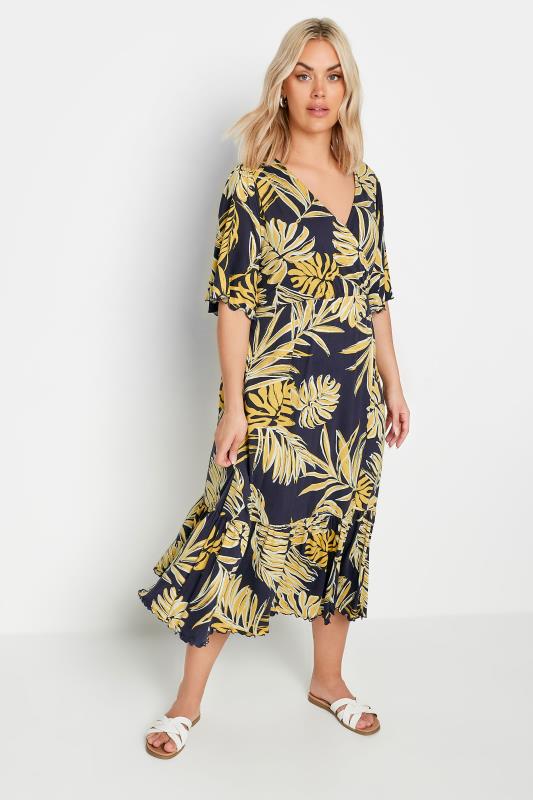  Grande Taille YOURS Curve Navy Blue Leaf Print Midi Dress
