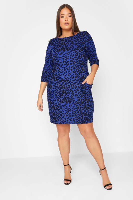 YOURS LONDON Plus Size Blue Animal Print Jacquard Knitted Pocket Dress | Yours Clothing 2