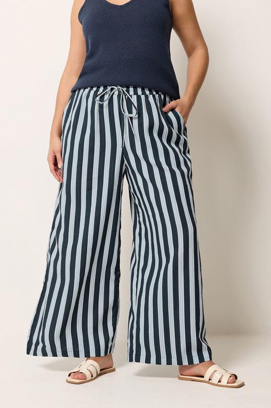 YOURS Plus Size Navy Blue Stripe Trousers | Yours Clothing 1