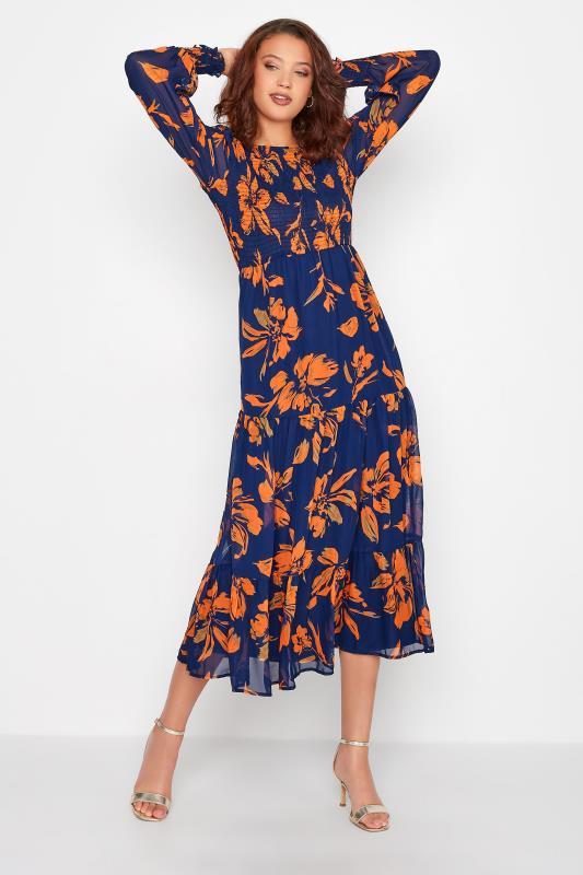 LTS Tall Orange & Navy Blue Floral Long Sleeve Midi Dress 6