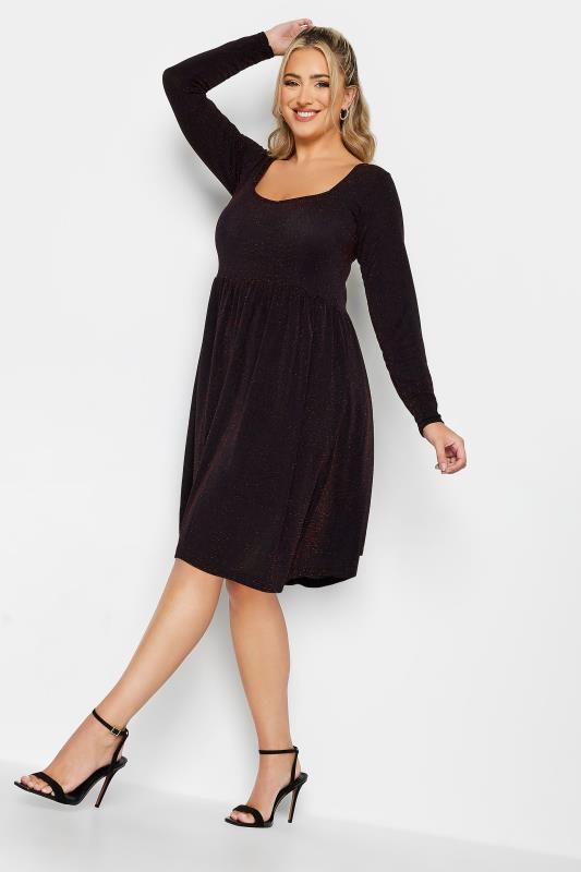 LIMITED COLLECTION Plus Size Black & Red Glitter Sweetheart Neck Dress | Yours Clothing 1