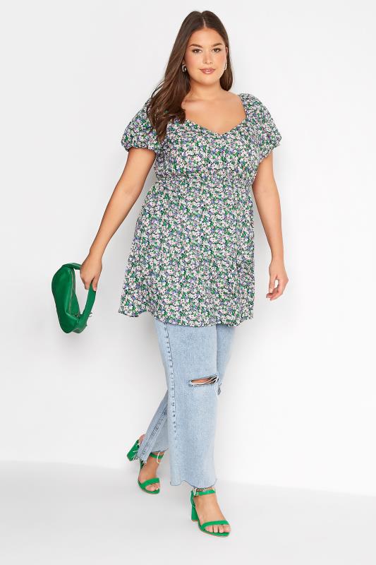Curve Green Floral Puff Sleeve Button Tunic Top Size 14-32 2