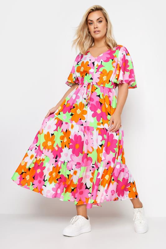 YOURS Plus Size Pink Floral Angel Sleeve Maxi Dress | Yours Clothing 1