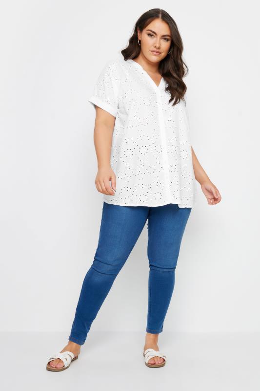 YOURS Curve White Broderie Anglaise Notch Neck Shirt | Yours Clothing 2