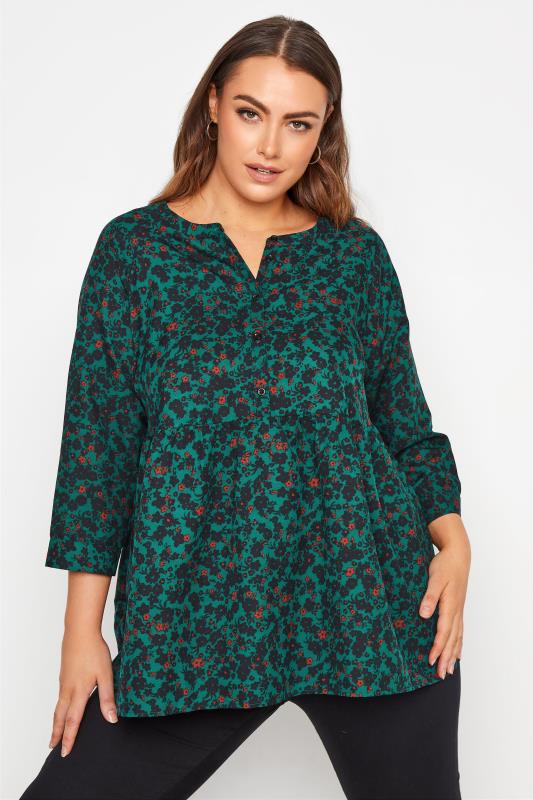 LIMITED COLLECTION Curve Emerald Green Floral Button Front Top_A.jpg