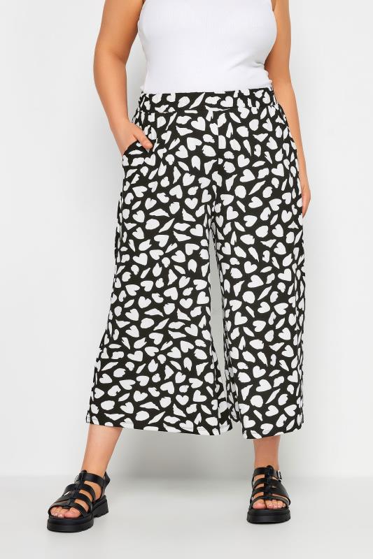 YOURS Plus Size Black & White Heart Print Culottes | Yours Clothing 1