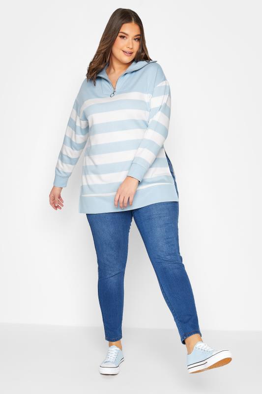 YOURS Plus Size Blue Stripe Quarter Zip Jumper | Yours Clothing 2