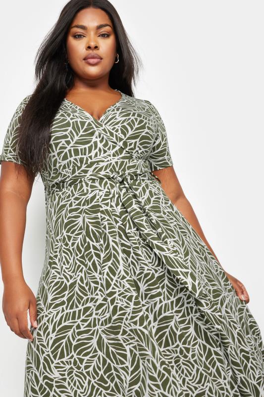 YOURS Plus Size Khaki Green Leaf Print Wrap Maxi Dress | Yours Clothing 5