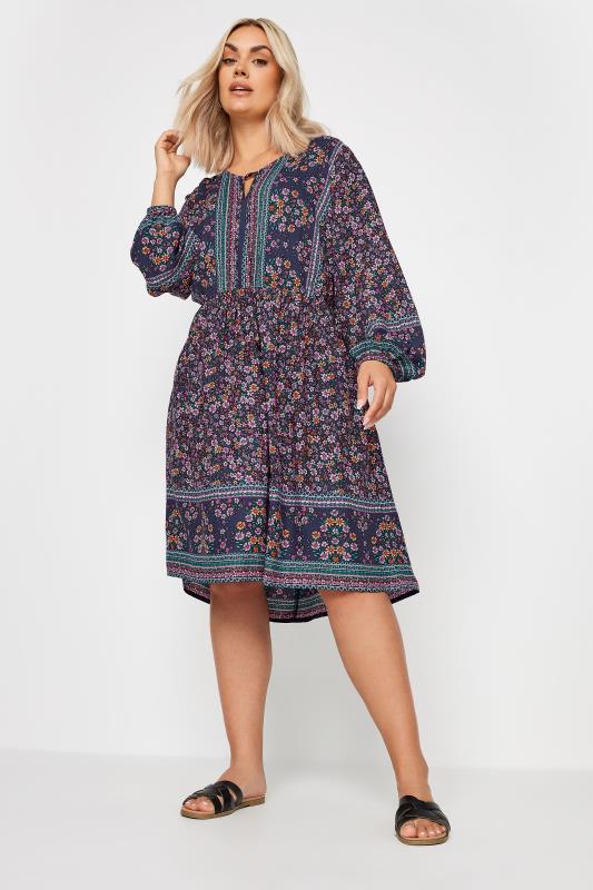 YOURS Plus Size Navy Blue Floral Print Smock Dress | Yours Clothing 2