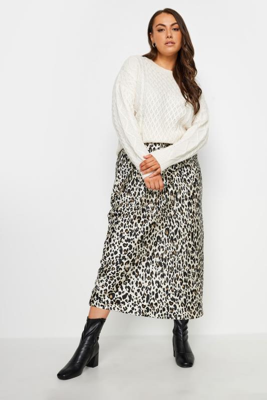 YOURS Plus Size Cream Leopard Print Satin Midi Skirt | Yours Clothing 2