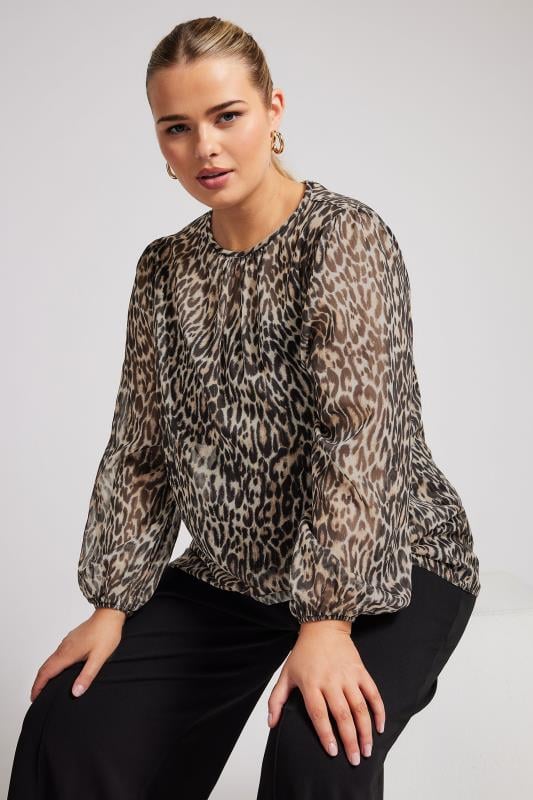 YOURS LONDON Plus Size Natural Brown Leopard Print Mesh Blouse | Yours Clothing  1