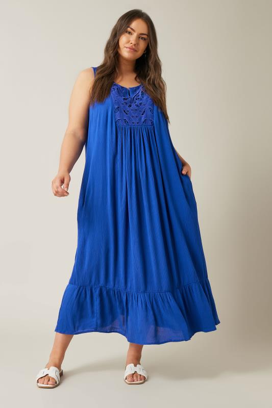 EVANS Plus Size Cobalt Blue Crinkle Broderie Maxi Dress | Evans  1