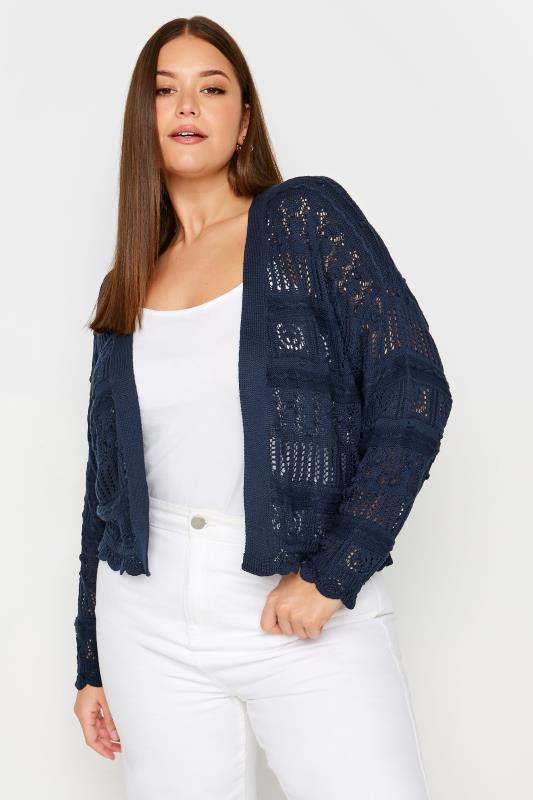  YOURS Curve Navy Blue Pure Cotton Cropped Pointelle Cardigan