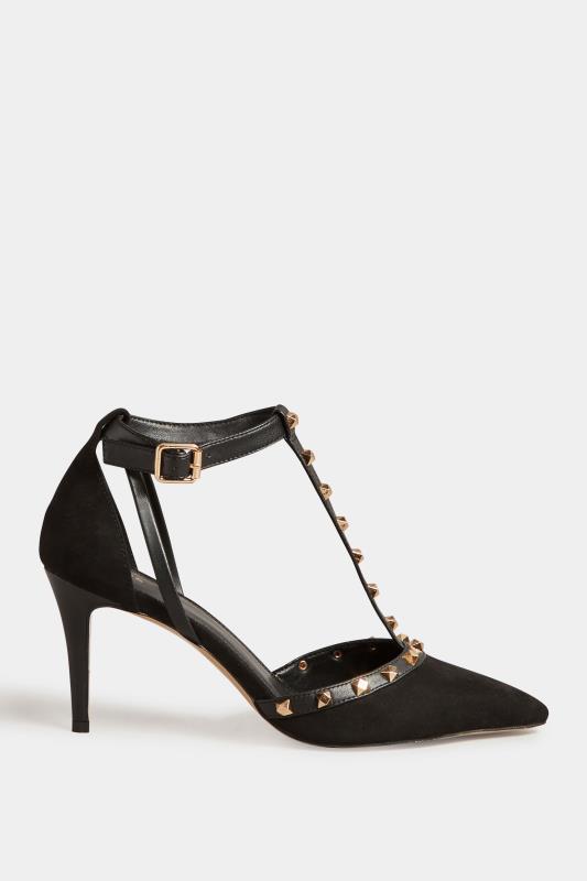 LTS Black Studded T-Bar Court Heel Shoes in Standard Fit | Long Tall Sally 3