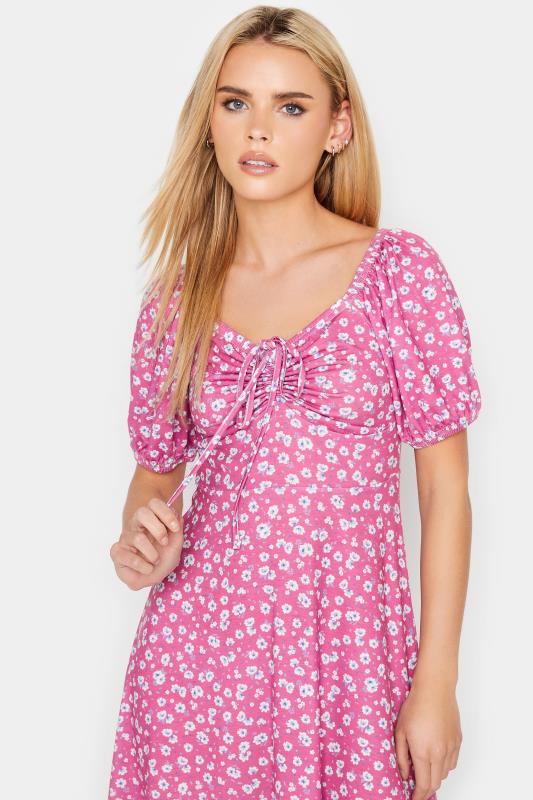 Petite Pink Daisy Print Ruched Front Dress | PixieGirl 4