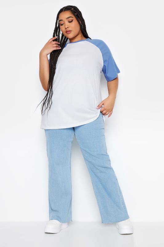 YOURS Plus Size White & Blue Raglan Sleeve T-Shirt | Yours Clothing 2