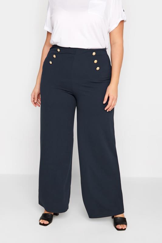 LTS Tall Navy Blue Button Wide Leg Trousers | Long Tall Sally  1