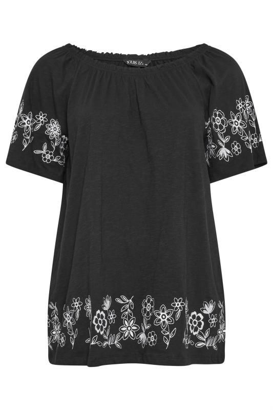 YOURS Plus Size Black Embroidered Detail Bardot Top | Yours Clothing 5