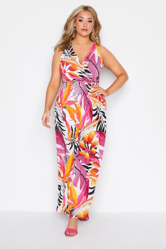 Plus Size  YOURS LONDON Curve White & Pink Tropical Print Maxi Dress