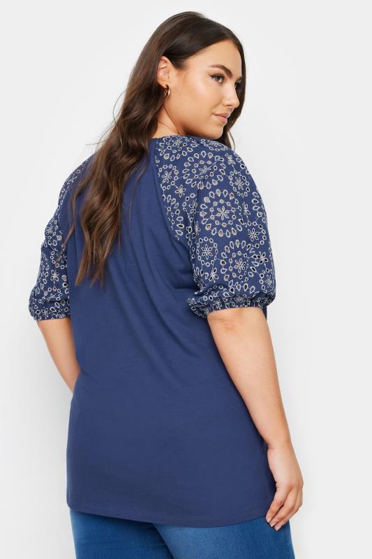 YOURS Plus Size Navy Blue Broderie Anglaise Sleeve T-Shirt | Yours Clothing 3