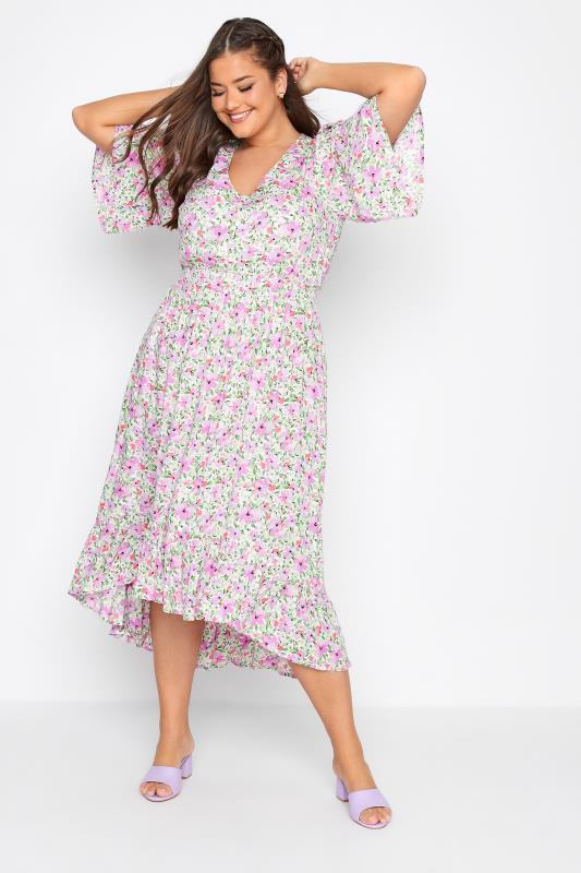  Grande Taille Curve White Floral Print High Low Midi Dress