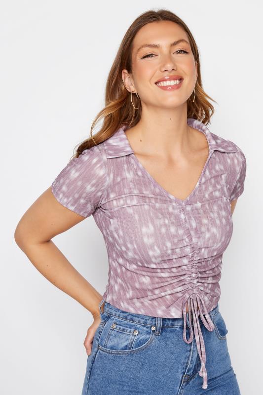 LTS Tall Purple Tie Dye Ruched Front Cropped Top 4
