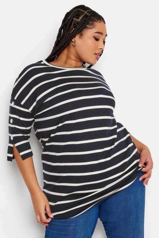 Plus Size  YOURS Curve Navy Blue Striped Button Sleeve Top