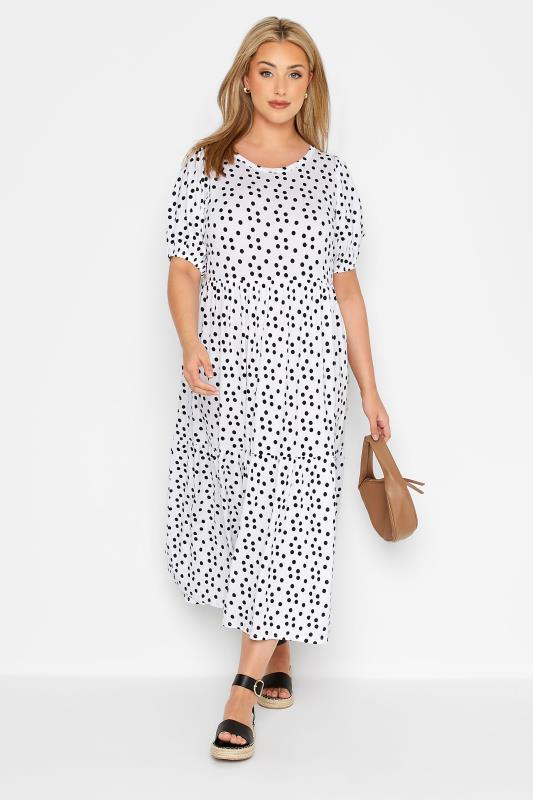Plus Size  YOURS Curve White Spot Print Puff Sleeve Smock Midaxi Dress