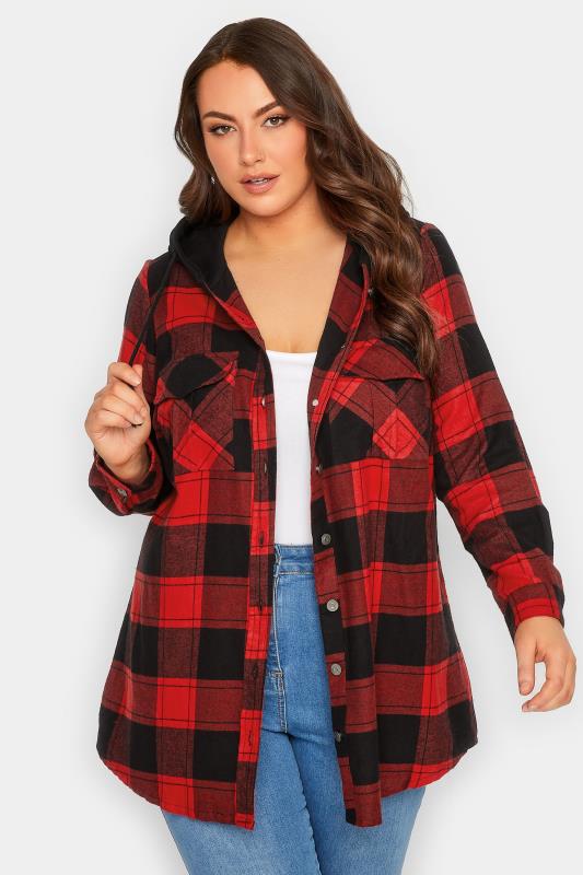 Plus Size Red Check Hooded Shirt