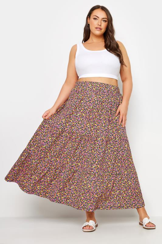 YOURS Plus Size Pink Floral Print Tiered Maxi Skirt | Yours Clothing 2