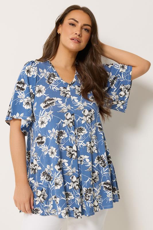  YOURS Curve Blue Floral Pleat Front Short Sleeve Top