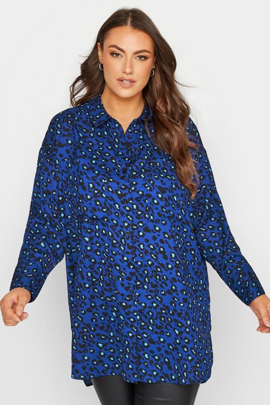 Plus Size Blue Animal Print Oversized Boyfriend Shirt | Yours Clothing 1