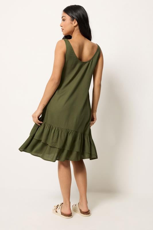PixieGirl Petite Women's Khaki Green Asymmetric Frill Midi Dress | PixieGirl 2