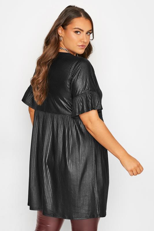 Plus Size Black Wet Look Ribbed Smock Tunic Dress | Yours Clothing 3