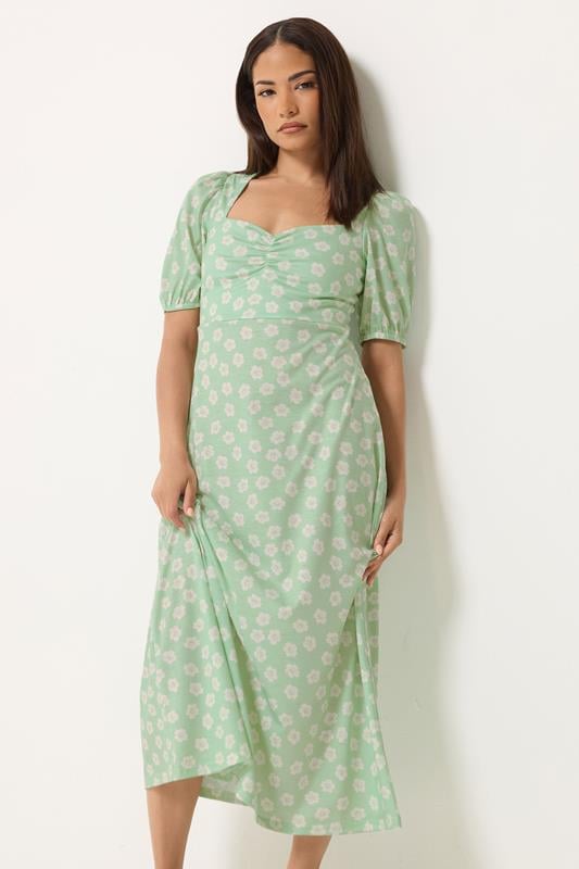 PixieGirl Petite Women's Sage Green Floral Ruched Midi Dress | PixieGirl 1