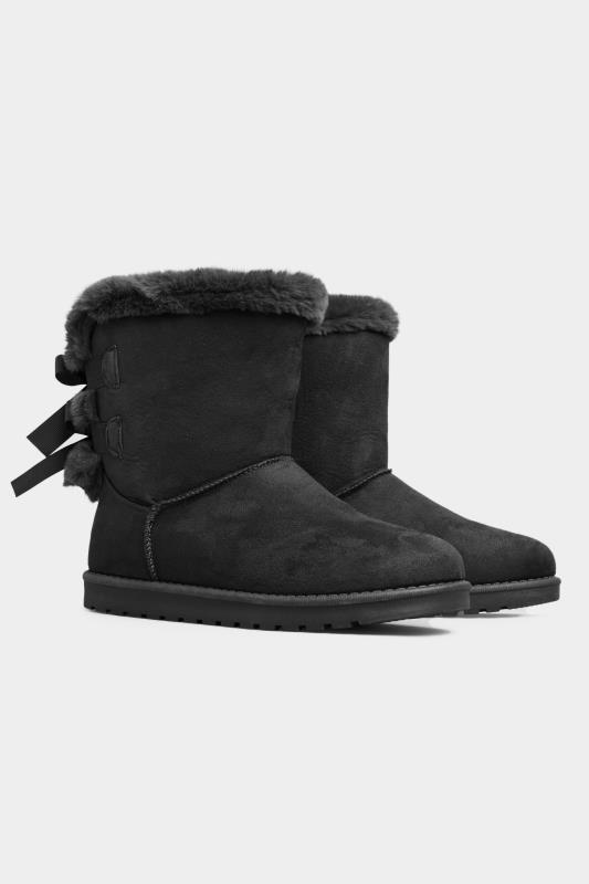  Black Vegan Suede Bow Detail Boots In Extra Wide Fit