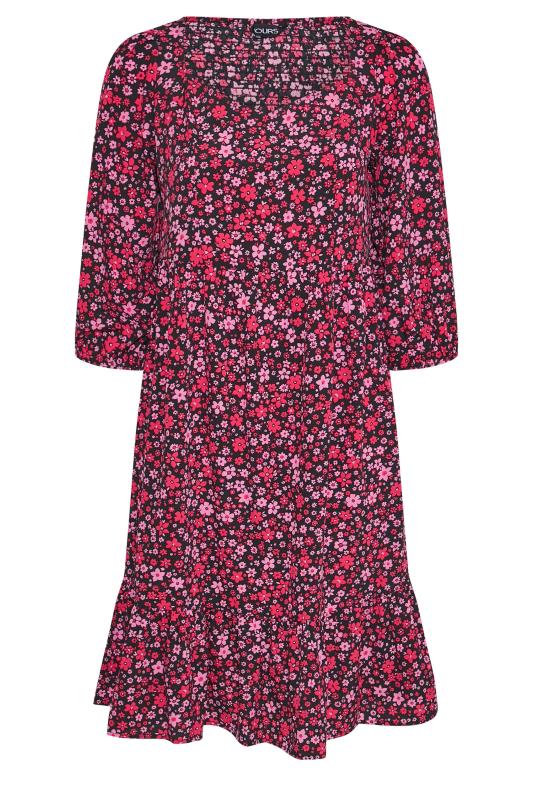 Plus Size Black & Pink Floral Smock Midi Dress | Yours Clothing  6
