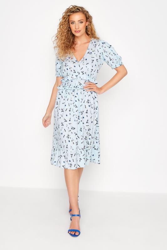 LTS Tall Women's Light Blue Floral Print Frill Midi Dress | Long Tall Sally  1