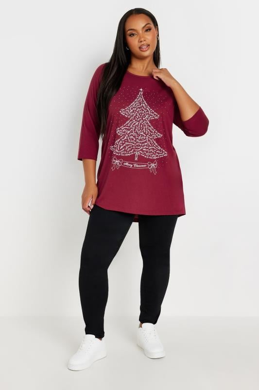 YOURS Plus Size Burgundy Red Christmas Tree Slogan Top | Yours Clothing  3