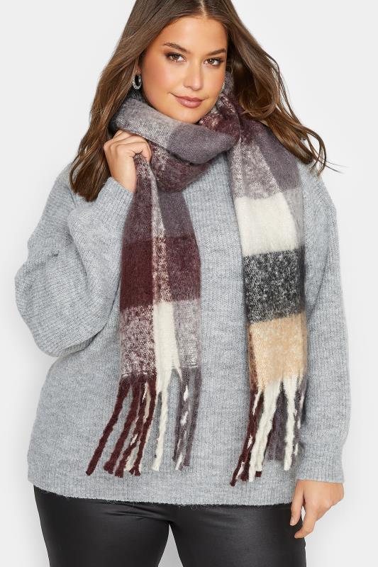 Plus Size  Yours Brown Block Check Chunky Tassel Scarf