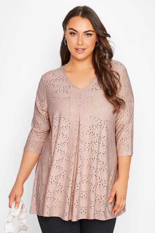  Tallas Grandes Curve Pink Broderie Anglaise V-Neck Top