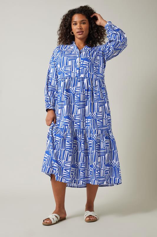 EVANS Plus Size Blue Abstract Print Long Sleeve Shirt Dress | Evans 1