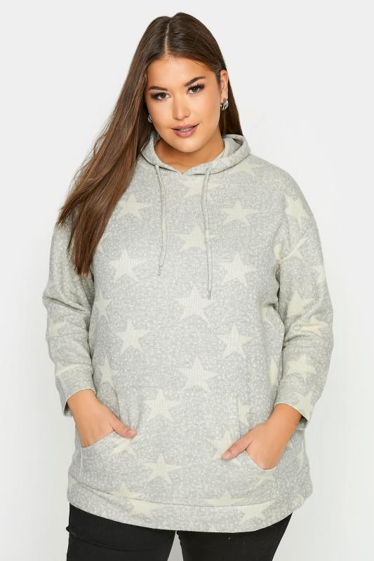 Plus Size  Curve Grey Star Print Knitted Hoodie