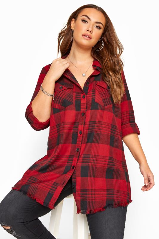Red & Black Check Frayed Hem Shirt | Yours Clothing