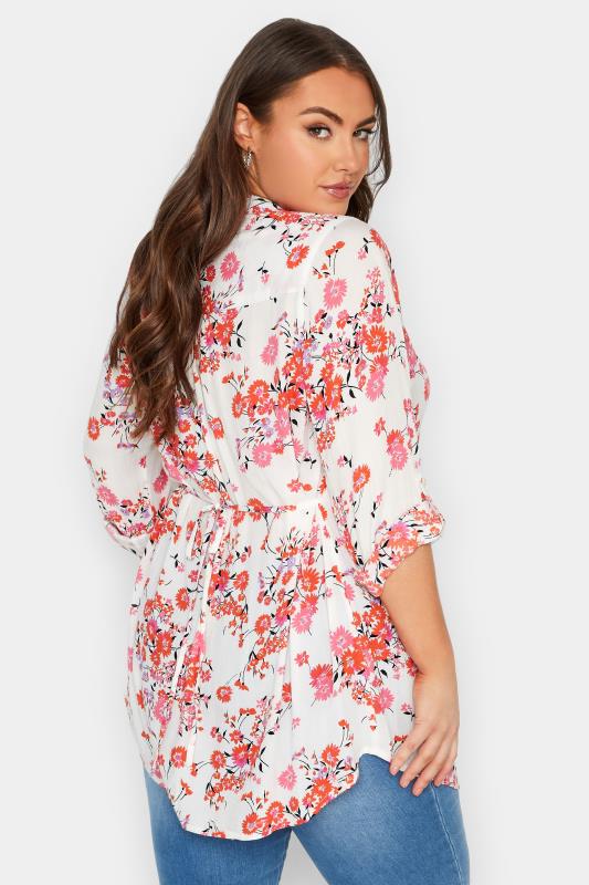 Plus Size White & Pink Floral Print Pintuck Shirt | Yours Clothing 3