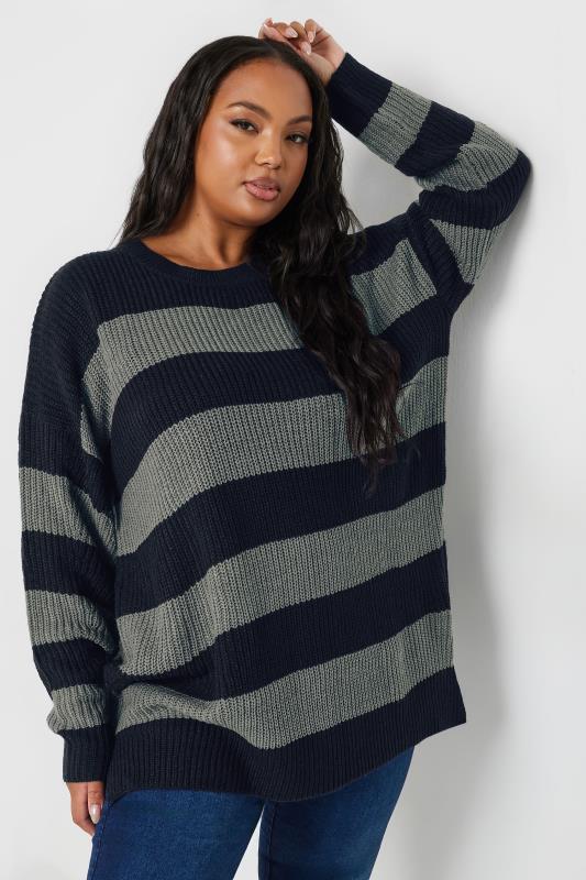 Plus Size  YOURS Curve Navy Blue & Grey Stripe Knitted Jumper